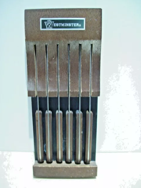 6 Westminster Dinner STEAK Knives in Wood Wall Mount Stainless Flatware Set