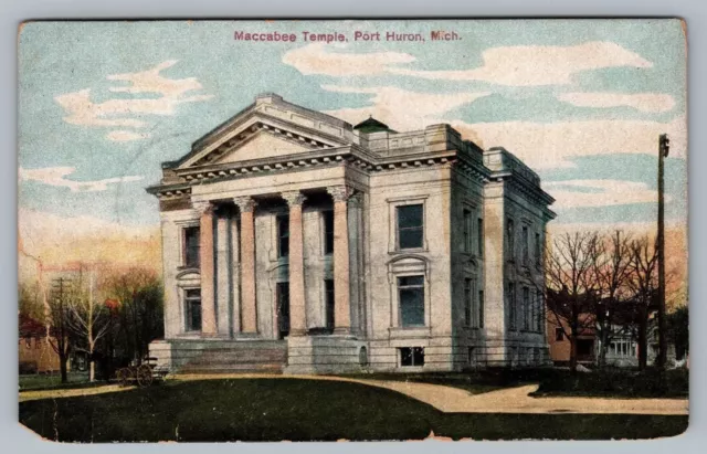 1909 Maccabee Temple Port Huron Michigan Postcard Antique Street View Vtg A12