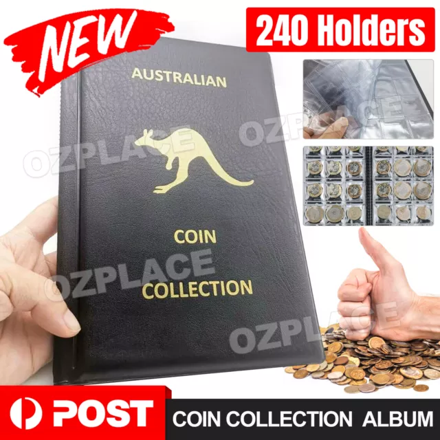 240 Coins Coin Album Australian Coin Collection Folder Book Holds Black Gold AU