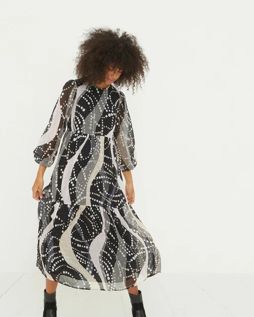 OLIVER BONAS WOMEN Abstract Sparkle Spot Print Black Midi Dress