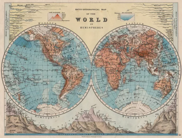 WORLD TWIN HEMISPHERES. Relief. Mountains. Rivers.  JOHNSTON 1900 old map