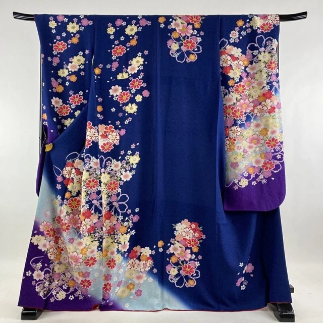 Woman Japanese Kimono Furisode Silk Flower Foil Silver Thread Navy Blue