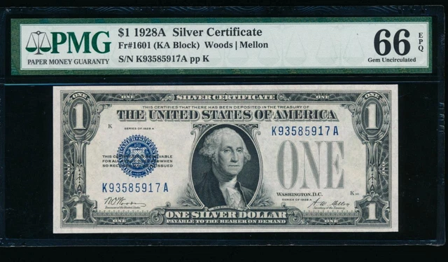 AC 1928A $1 Silver Certificate PMG 66 EPQ K-A block  Fr 1601