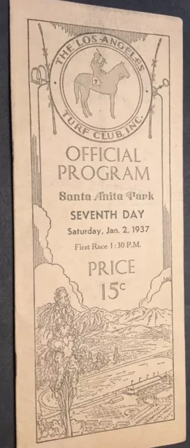 Vintage 1937 Horse Racing Program Los Angeles Turf Club Santa Anita Excellent