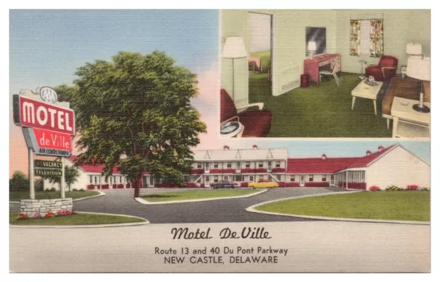 New Castle Delaware Vintage Postcard Motel De Ville Split View Unused Linen