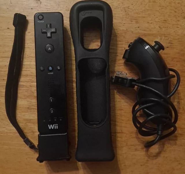 Nintendo Wii OEM Black Remote Wiimote + Motion Plus Adapter + Nunchuck  - Tested