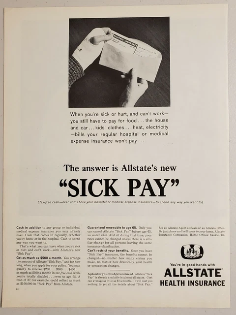 1963 Print Ad Allstate Health Insurance Sick Pay Sears Roebuck