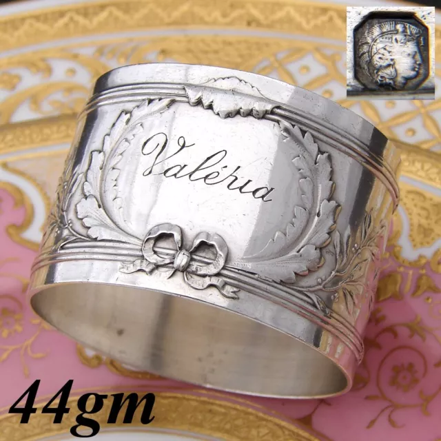 Antique French Sterling Silver 2" Napkin Ring, Foliate with Garland & "Valeria"