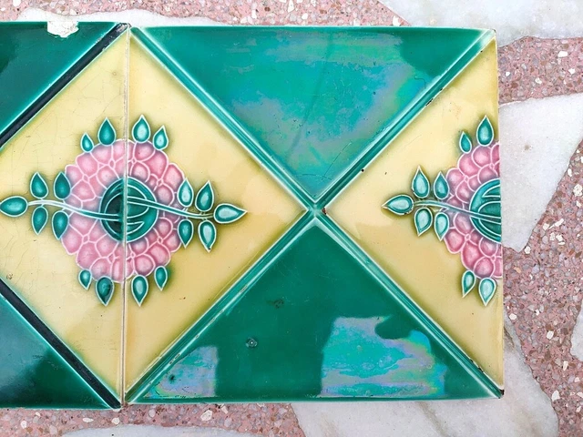 2Pc Antique Different Majolica Decorative Art Nouveau Architecture Tiles Japan 3