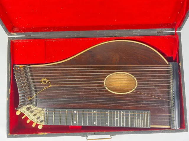 Antique Concert Zither With Red Felted Case