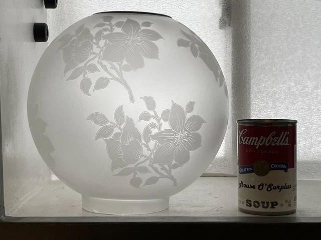 Antique 9.5” Acid Etch Floral Glass Kerosene Oil Lamp Shade Globe 4” Fitter GWTW 7