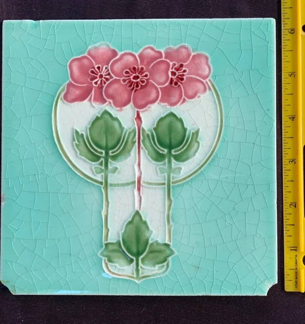 5 antique English Art Nouveau tiles 2 T & R Boote, 3 unknown mfg, all tubelined 17