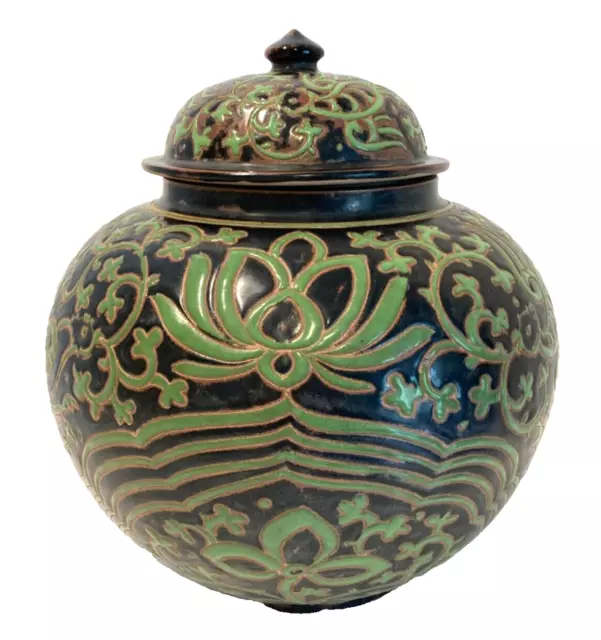 12" Antique Carved Chinese Porcelain Ginger Lidded Jar Aviary Bird Vines Phoenix
