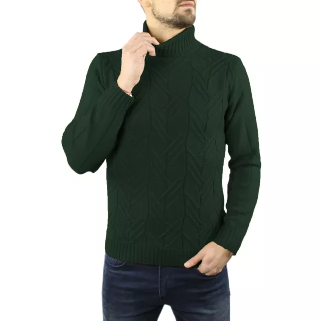 Maglione Uomo Verde Collo Alto Lana Pesante Dolcevita Trecce Lupetto Maglioncino
