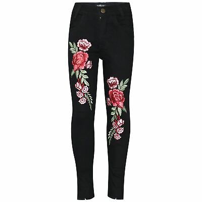 Kids Girls Stretchy Jeans Roses Embroidered Black Denim Pants Trousers Jeggings
