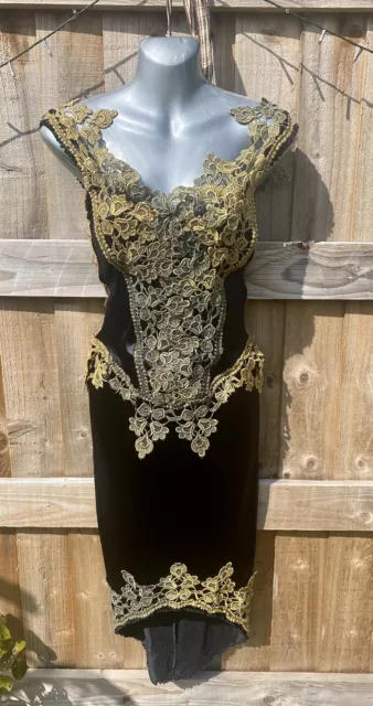 RARE VINTAGE COUTURE 1980s Black Fitted Sexy Dress With Gold Embroidery Detail🥰