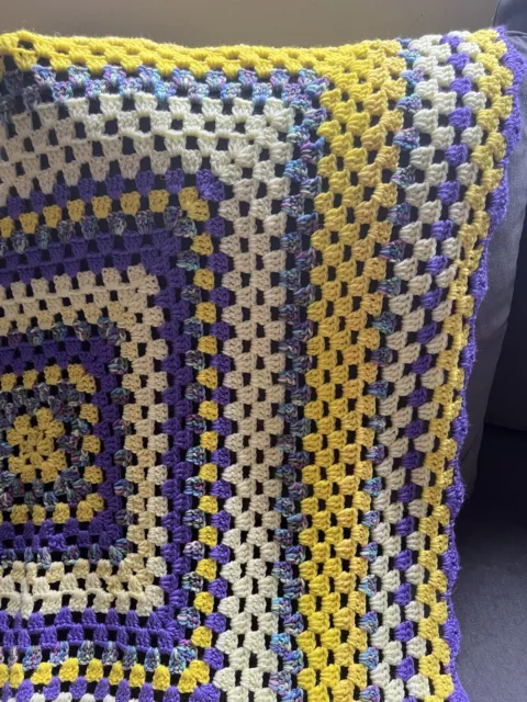 Crochet Afghan Purple Yellow Granny Blanket Cottagecore Lap Throw 48x40 Handmade