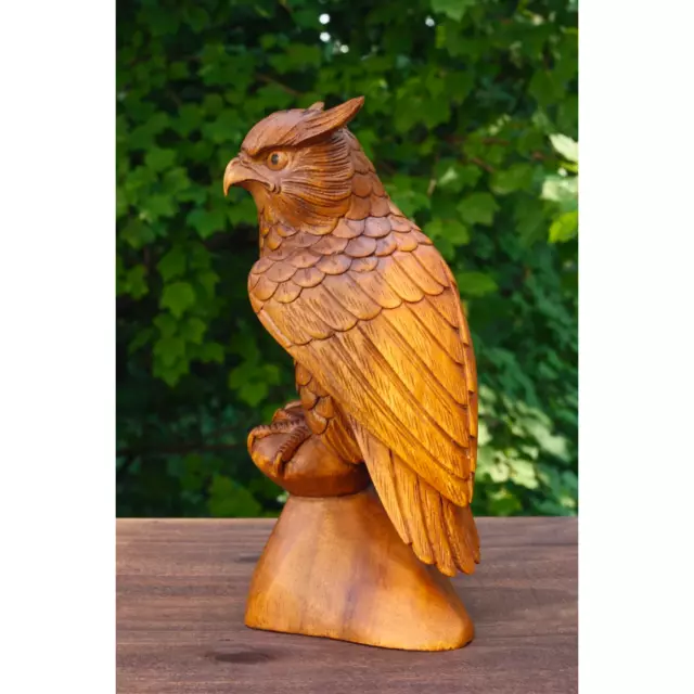 12" Wooden Handmade Owl Bird Statue Figurine Decor Sculpture Wood Hand Carved