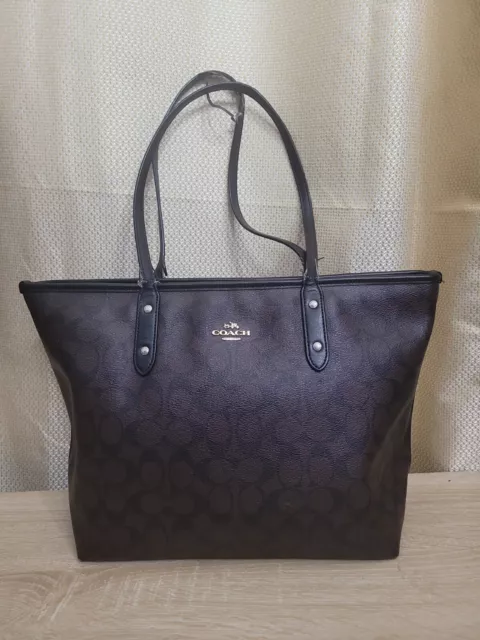 Coach Large Signature Logo Coated Canvas Leather City Tote Shoulder Bag Handbag