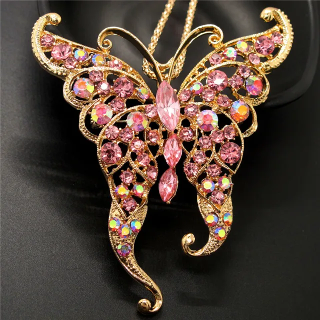 Fashion Women Pink Bling Rhinestone Cute Butterfly Crystal Chain Necklace