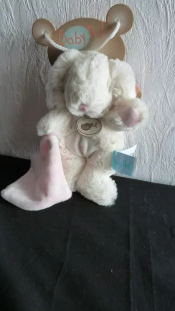 doudou pantin  babynat  lapin blanc ,mouchoir rose ,croix rose   18 cm  neuf