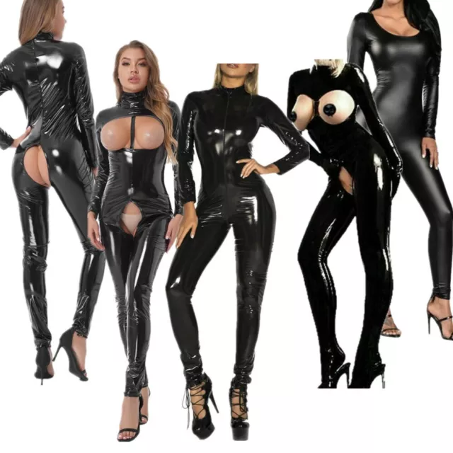 Wetlook jumpsuit donna effetto pelle catsuit tuta per tutto il corpo tuta sexy clubwear 2