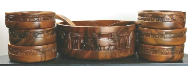 9 piece, hand carved, wooden salad bowl set from the Philippines