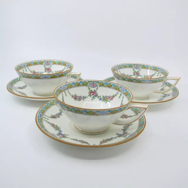 TIFFANY / MINTON B935 Set of 3 Cups & Saucers Floral Garland Swag Flaws