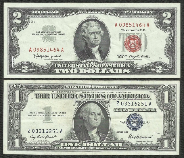 1963 $2 RED! 1957 $1 *SILVER* 2 Notes! CHOICE VF! Old US Paper Money Currency!