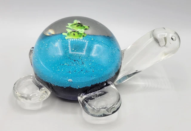 Hand Blown Art Glass Paperweight Blue Turquoise Sea Turtle with 2 Babies on Back