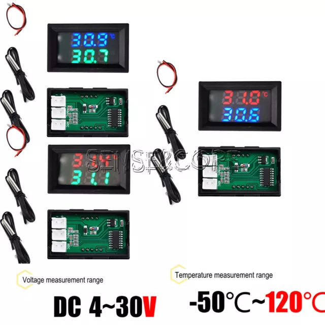 DC4~30V Thermometer Digital Temperature Sensor NTC Metal Sample Dual LED Display