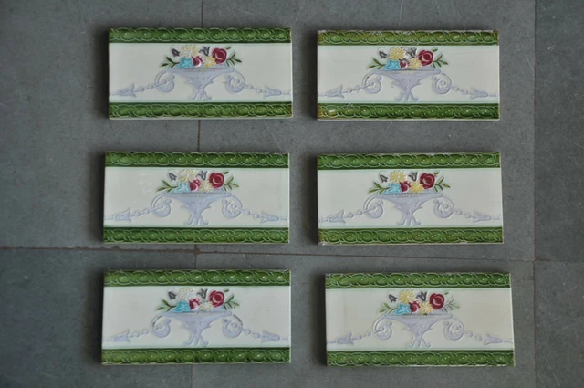 6 Pc Vintage Decorative Flower Basket Art Nouveau Architecture Tiles,Japan