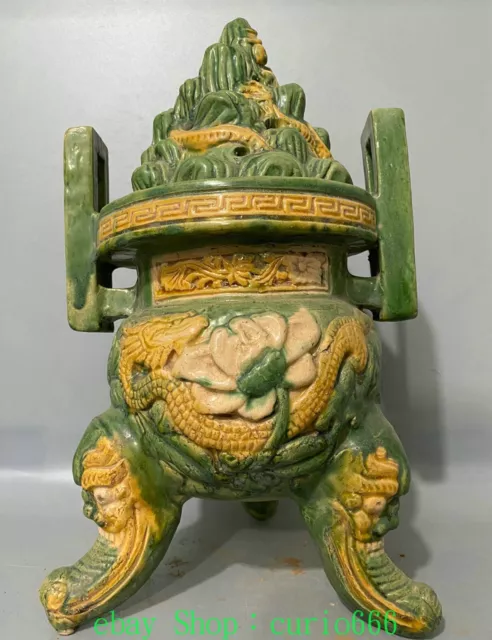 13'' Old Chinese Tang Sancai Porcelain Shanzi Dragon Loong Incense Burner Censer