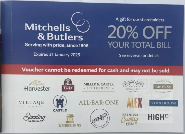 3 x Mitchells & Butlers 20% off voucher vouchers valid Jan 25 Miller & Carter