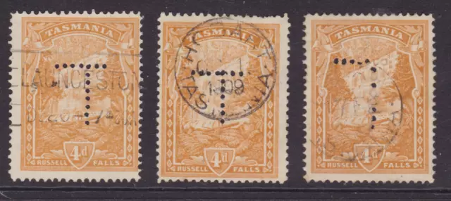 TASMANIA 1905-09 4d Orange PICTORIAL OFFICIAL 'T' PERFIN X3 FINE USED (NG137)