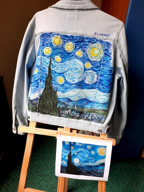 GIACCA JEANS DONNA dipinta a mano. Van gogh notte stellata XXL