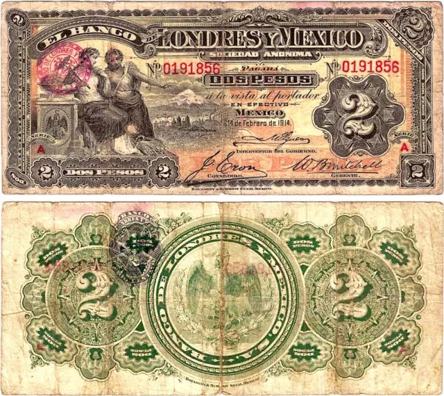 Mexico, 2 Pesos, Banco de Londres y Mexico,Series A, 2-14-1914,S/N 0191856,S-241