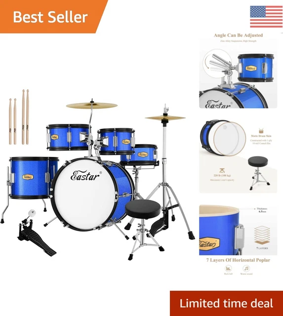 Durable Junior Drum Set - 16" 5-Piece Kit with Throne, Cymbal, Pedal - Blue
