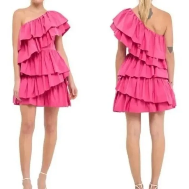 Endless Rose One-Shoulder Ruffled Mini Dress Pink Size Large NWT