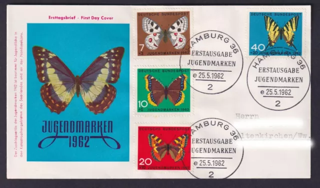 Bund FDC mit 376-379 Jugend Schmetterlinge kompl. Satz ESST Hamburg 55.5.1962