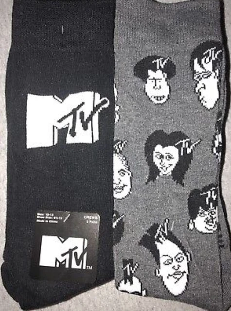 New MTV Mens 2 Pair Of Novelty Crew Socks AWESOME 80’s Socks~Black & Gray~NWT