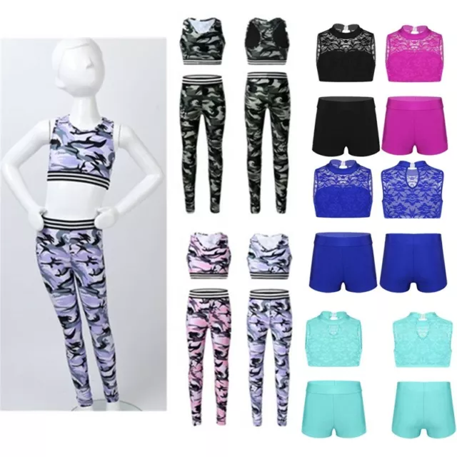 Kids Girls Crop Vest Top+ Pants Set Ballet Gymnastics Outfit Dancing Costumes