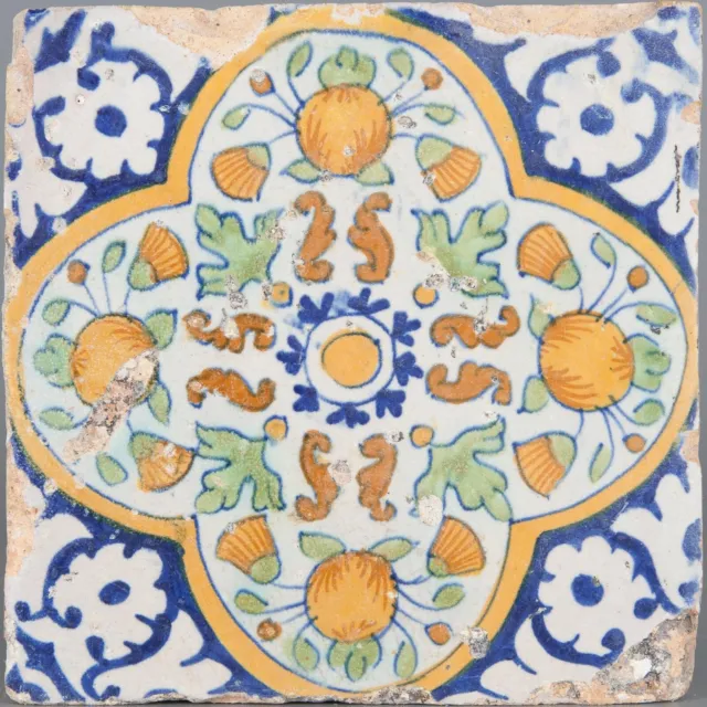 Nice Dutch Delft polychrome ornament flower tile,first half 17th ct. pompadour.