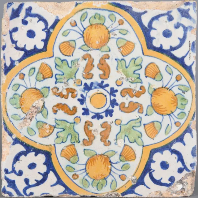 Nice Dutch Delft polychrome ornament flower tile,first half 17th ct. pompadour.