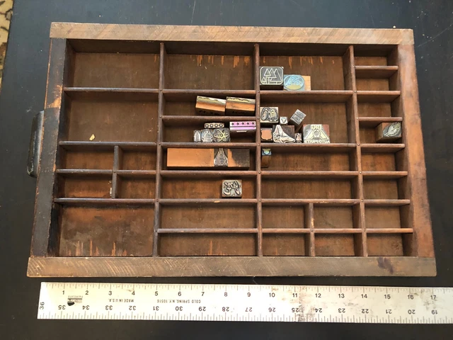 Antique HAMILTON Printers Drawer Letterpress Type Set Tray Box &20 STAMPS/BlockS