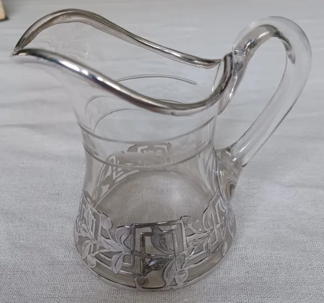 Hand Blown Pitcher with Silver Overlay & Engraved Decoration