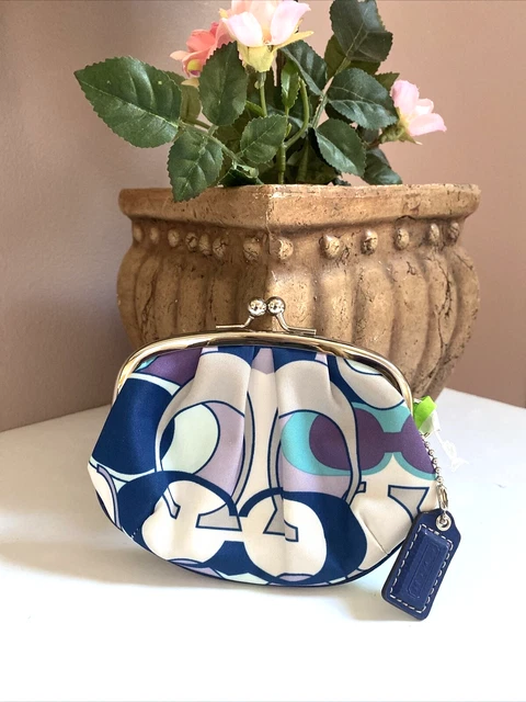 Coach Coin Purse Kisslock Daisy Scarf Print Blue Signature  F61472  W8