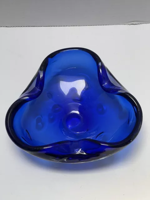 Glass Cobalt Blue Heavy Hand Blown Candy Bowl Dish 7.5”