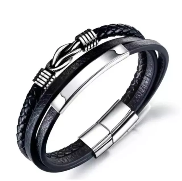 Infinity Knot Men's Leather Bracelet in Black | Stainless Steel Mens Bracelets