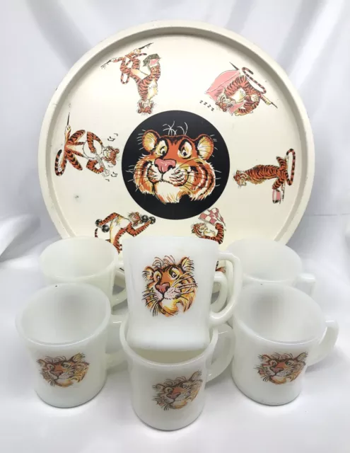 Vintage Tony the Tiger Metal Tray and 7 Glass Mugs Fireking Anchor Hocking